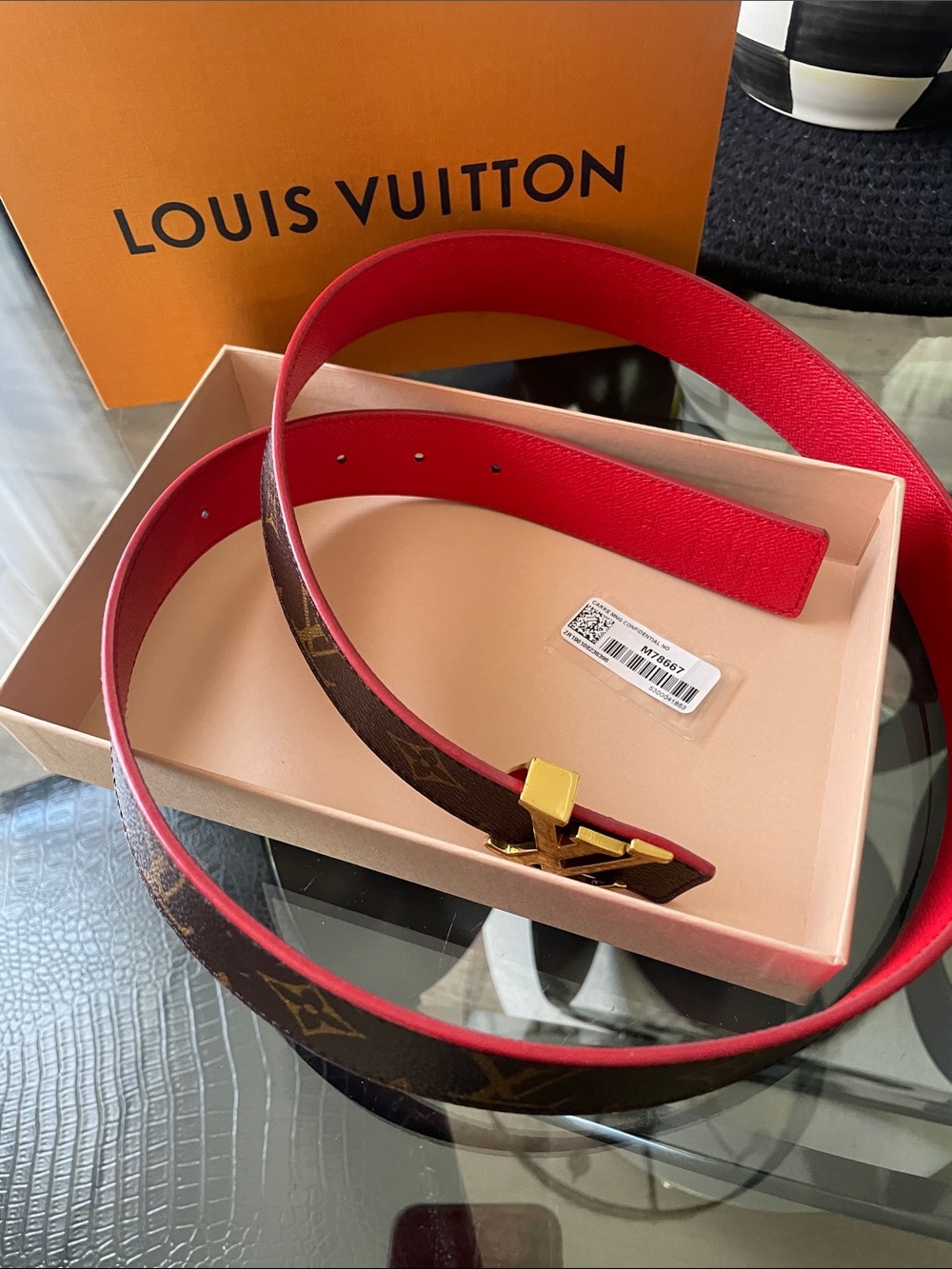 Louis Vuitton Monogram Belt with Red Interior and Gold Buckle
